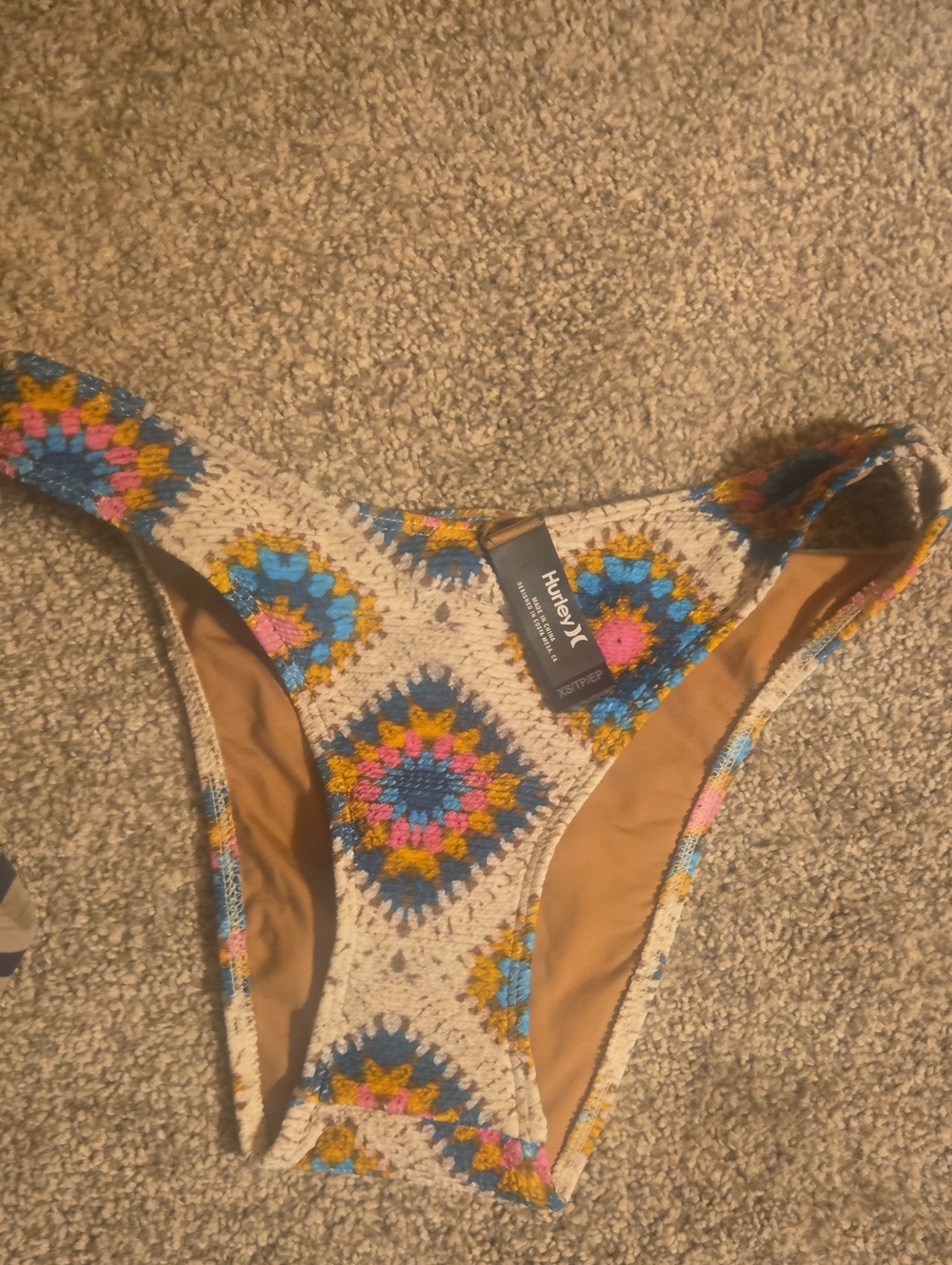 Hurley White Textured-Style Bikini Bottom with Teal, Pink & Yellow Accents XS
